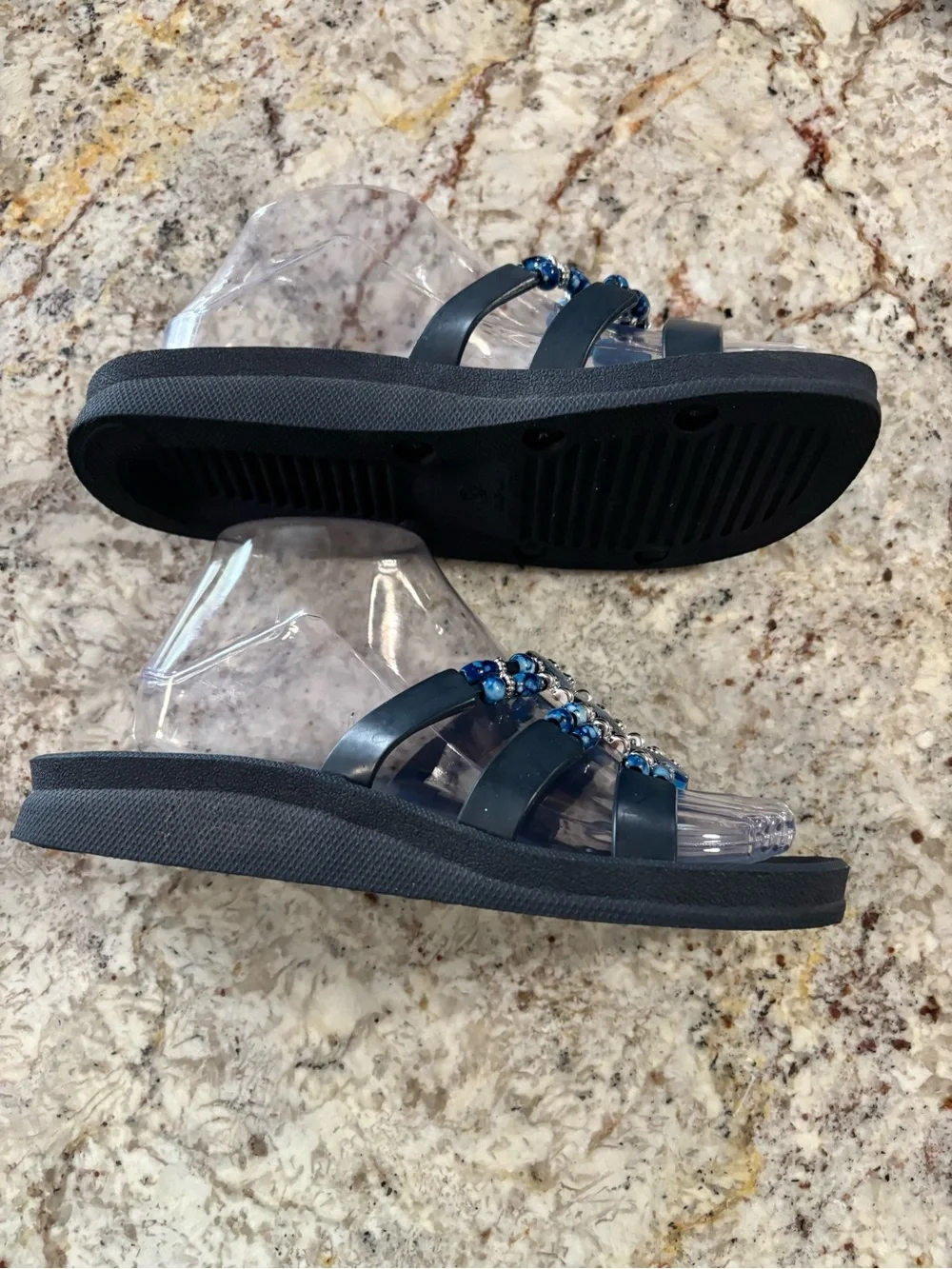 Embellished Navy Slide Sandals with Bead Accents